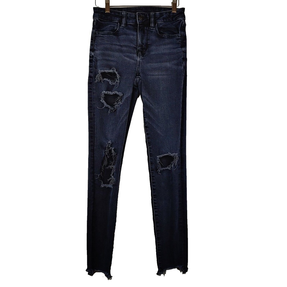 American Eagle Hi-Rise Jeggings Womens 2 Regular (26x27) Black Distressed Denim